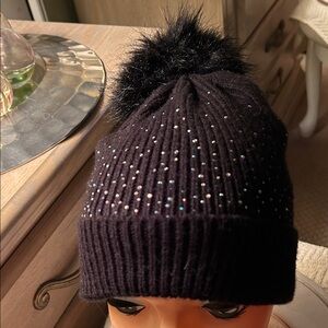 Elegant Black Knit Beanie with Pom Pom and crystals